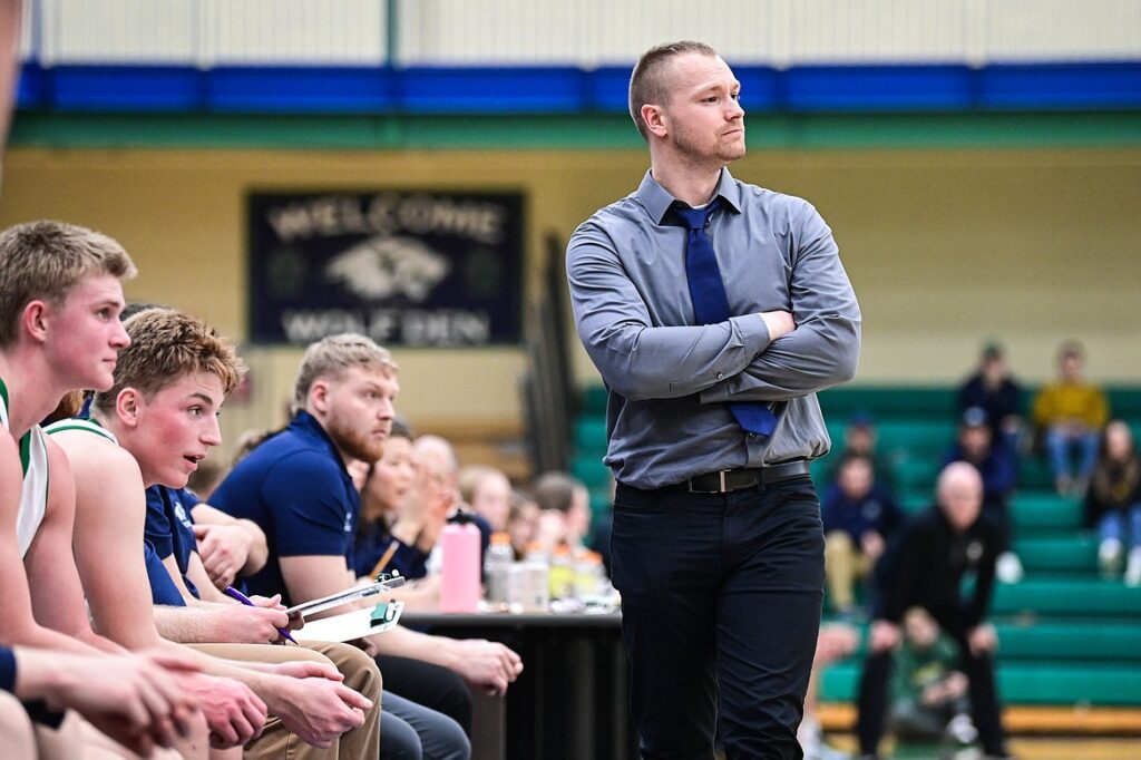 Glacier head coach Evan Epperly watches the Wolfpack in the third quarter against Great Falls CMR at Glacier High School on Friday, Dec. 13. (Casey Kreider/Daily Inter Lake)